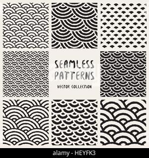 Set of Eight Seamless Black and White Hand Drawn Rounded Lines Geometric Patterns Collection. Abstract Freehand Artistic Background Design Stock Vector
