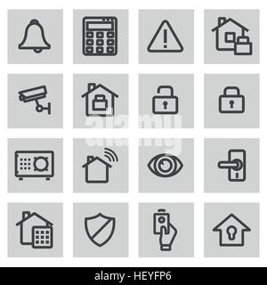 Vector line home security icons set on grey background Stock Vector