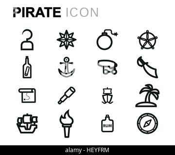 Vector line pirate icons set on white background Stock Vector