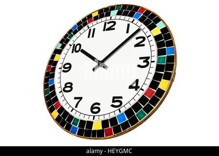 A round clock surrounded by ceramic pieces from Morocco. view in perspective. Stock Photo