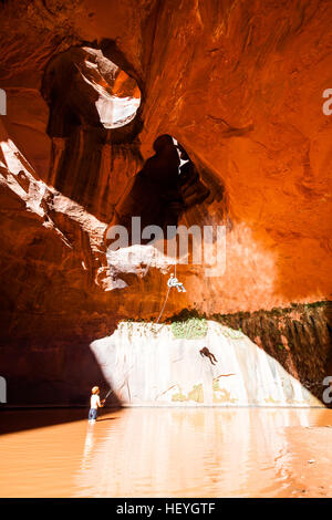 Rappelling into water in The Golden Cathedral with a firefighters belay, Escalante region, Utah Stock Photo