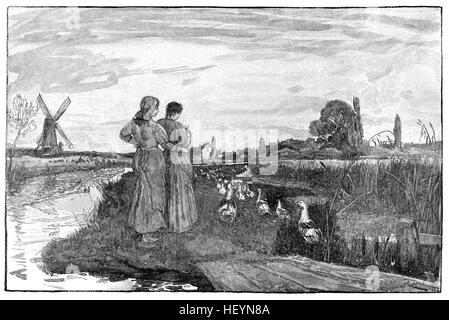 In The Fens - Evening. An engraving from the November 1883 issue of The English Illustrated Magazine. From a drawing by R. W. Macbeth, A.R.A. From a series of illustrations for the article In The Fens. Stock Photo