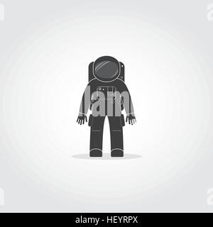 Simple black icon of cosmonaut or astronaut wearing space suit with helmet and backpack with life support system. Stock Vector