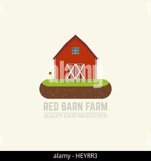 Flat vector illustration farm fresh concept with red barn standing on island of soil with grass, sunflower. Stock Vector
