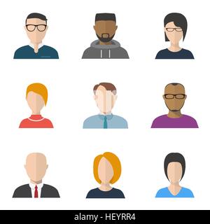 Set of vector flat style people faces. Characters portraits and avatars, freelancer, businessman with tie and jacket, and secretary faces both men and Stock Vector