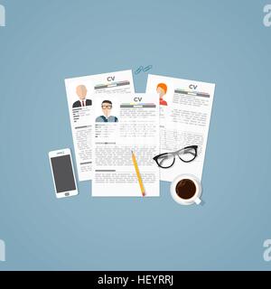 Curriculum vitae job papers with personal info and picture. Job business interview concept with candidats resume and objects. Stock Vector