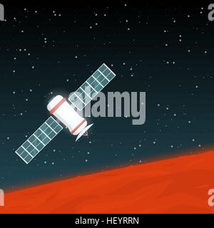 Space probe flying in space near red planet like Mars, with solar panels and satellite antenna, glowing in the dark. Stock Vector