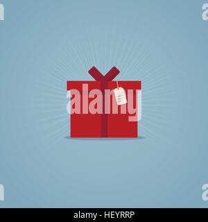 Flat style illustration red present box with ribbon and label. Stock Vector