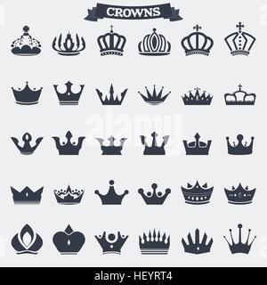 Set of retro vintage king crown icons and emblems, badges and signs for logotype or other graphic or printing. Stock Vector