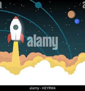 Rocket like space ship goes up in the sky with stars and planets with orbits. Project start up concept or space exploration background. Stock Vector