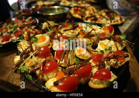 Tokyo, Japan. 24th Dec, 2016. Canapes decorated with locusts are displayed at a Christmas party to eat insect foods in Tokyo on Saturday, December 24, 2016. Some 30 people gathered to eat insect foods on the Christmas Eve as UN FAO reported that eating insects could help boost nutrition and reduce pollution. © Yoshio Tsunoda/AFLO/Alamy Live News Stock Photo