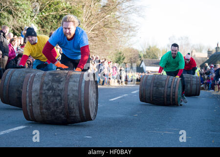 Grantchester, UK 26th Dec, 2016 Boxing Day Barrel Racing at Grantchester, started in the 1960s when locals challenged each other for fun. © Jason Marsh/Alamy Live News Stock Photo