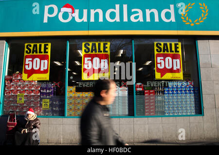 Wood Green, North London, UK 26 Dec 2016. Poundland, that sells most items in its stores for £1 has slashed prices on some items to just fifty pence in the Wood Green Store as the Boxing Day sales starts. Credit: Dinendra Haria/Alamy Live News Stock Photo