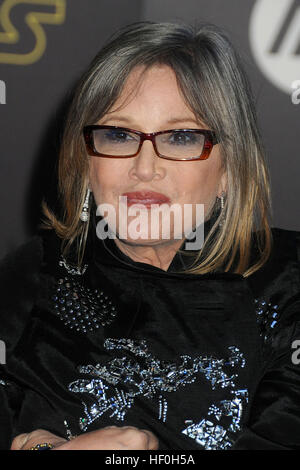 FILE PIC: Hollywood, CA, USA. 14th Dec, 2015. 27 December 2016 - Carrie Fisher, the iconic actress who portrayed Princess Leia in the Star Wars series, died Tuesday following a massive heart attack. Carrie Frances Fisher an American actress, screenwriter, author, producer, and speaker, was the daughter of singer Eddie Fisher and actress Debbie Reynolds. File Photo: 14 December 2015 - Hollywood, California - Carrie Fisher, Billie Catherine Lourd. ''Star Wars: The Force Awakens'' Los Angeles Premiere held at multiple theaters on Hollywood Blvd. Credit: ZUMA Press, Inc./Alamy Live News Stock Photo