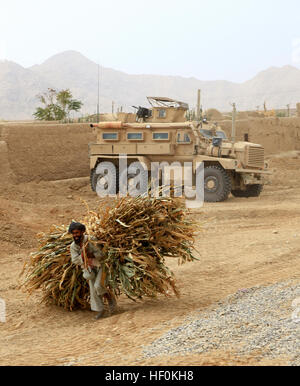 A local farmer carries corn crops past tactical vehicles with 7th Engineer Support Battalion, 2nd Marine Logistics Group (Forward), in Helmand province, Afghanistan, Nov. 3. The Marines with 7th ESB spent multiple days repairing Route 611 without disturbing the locals. Flickr - DVIDSHUB - 7th ESB brings commerce, growth to Helmand province while supporting Operation Eastern Storm (Image 3 of 9) Stock Photo