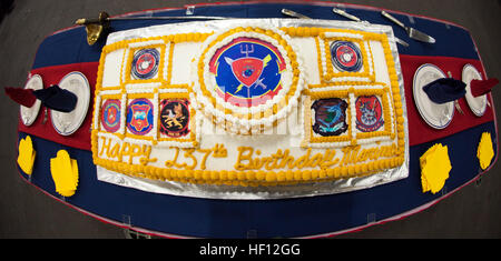 A birthday cake for the Marines and sailors assigned to the 26th Marine Expeditionary Unit (MEU), sits on a table during a U.S. Marine Corps birthday aboard the USS Wasp (LHD 1), Nov. 10, 2012. The 26th MEU and the USS Wasp are off the coast of New York in support of Hurricane Sandy disaster relief efforts in New York and New Jersey. The 26th MEU operates continuously across the globe, providing the president and unified combatant commanders with a forward-deployed, sea-based quick reaction force. The MEU is a Marine Air-Ground Task Force capable of conducting amphibious operations, crisis res Stock Photo