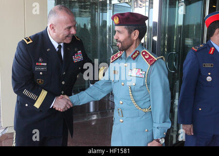 U.S. Army Maj. Gen. Robert Catalanotti, left, the director of the U.S. Central Command Exercises and Training Directorate, shakes hands with United Arab Emirates (UAE) Maj. Gen. Khalifa Al-Khial, the human resources director of the Ministry of the Interior, after the opening ceremony of exercise Leading Edge 13 Feb. 3, 2013, at the Armed Forces Officers Club in Abu Dhabi, UAE. Leading Edge is a U.S.-led exercise conducted in the UAE to reinforce the ability of partner nations to improve tactics, techniques and procedures used in the interdiction of weapons of mass destruction. (U.S. Marine Cor Stock Photo