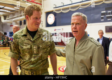 The 35th Commandant of the Marine Corps, Gen. James F. Amos, right, speaks with Prince Harry of Wales at the 2013 Wounded Warrior Games at the U.S. Olympic Training Center in Colorado Springs, CO., May 11, 2013. The Warrior Games, an annual event which is a partnership between the Department of Defense and U.S. Olympic Committee Paralympic Military Program, allows wounded, injured and ill athletes from all branches of the military to compete in organized sporting competitions. (U.S. Marine Corps photo by Sgt. Mallory S. VanderSchans/Released) Marine Corps commandant at 2013 Warrior Games 13051