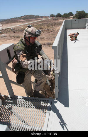 Canadian soldiers serving with 2nd Battalion, Royal 22nd Regiment, hunt for enemy role players  on a rooftop during Exercise Dawn Blitz here, June 21, 2013. Canadian soldiers coordinated movements with Marines from 1st Tank Battalion to clear the mock village of enemy role players. Dawn Blitz 2013 is a multinational amphibious exercise that promotes interoperability between the Navy and Marine Corps and coalition partners, June 11-28. Participating countries include Canada, Japan, New Zealand and military observers from seven countries. (U.S. Marine Corps photo by Sgt. Jacob H. Harrer) Canadia Stock Photo