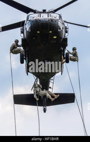 Aviators from the 1-150th Assault Helicopter Battalion, New Jersey Army National Guard, assist West Point cadets in rappelling from a UH-60 Black Hawk helicopter at the U.S. Military Academy, N.Y., June 25, 2013. Three Black Hawks provided aerial support for more than 120 cadets, who rappelled from more than 60 feet in the air on to the practice field at West Point. The cadets were finishing their air assault training prior to graduating from the academy. (U.S. Air National Guard photo by Master Sgt. Mark C. Olsen/Released) Cadets rappel from Guard Black Hawks (Image 8 of 16) (9160486558) Stock Photo