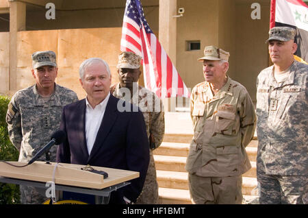 070419-M-0948M-014  CAMP FALLUJAH, Iraq (April 19, 2007) - Secretary of Defense (SECDEF), the Honorable Dr. Robert M. Gates speaks to members of the press in the 'Battle Square' of Camp Fallujah, Iraq. Gates was joined by Chairman, Joint Chiefs of Staff, Gen. Peter Pace; Commanding General, and Multi National Force-West (MNF-W) Maj. Gen. W. E. Gaskin; Commander, U.S. Central Command Adm. William J. Fallon; and Commanding General Multi National Force-Iraq Gen. David H. Petraeus. MNF-W is deployed in the Al Anbar province of Iraq to develop Iraqi Security Forces, facilitate the development of of Stock Photo