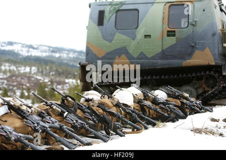 U.S. Marine Corps gear sits staged next to a Norwegian Bandvagn 206 as the troops spent March 6, 2014 learning about each other's .50 caliber machine guns prior to a live-fire range. The Marines and Norwegian soldiers spent the day training together prior to exercise Cold Response 2014, which is a multinational and multilateral training exercise. The exercise will feature various types of military training including maritime, land and air operations. The location, above the Arctic Circle in northern Norway, provides a unique cold-weather environment for all forces involved to learn and develop Stock Photo