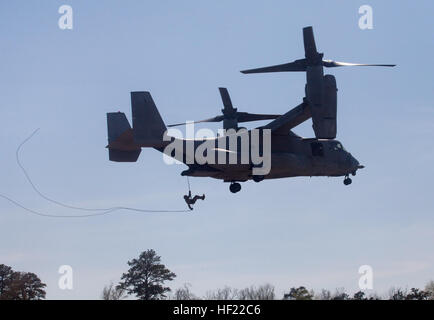 A student repels from an MV-22 Osprey during a Helicopter Rope Suspension Training (HRST) course at Marine Corps Base Camp Lejeune April 2. Marine instructors from Special Operations Training Group taught students rappelling and fast roping techniques during the two week course. (Photo by Sgt. Bobby J. Yarbrough) Flying High 140402-M-DE426-006 Stock Photo