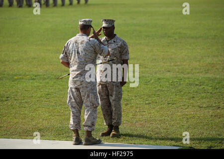 Sergeant Major John W. Scott salutes Maj. Gen. Mark A. Clark, commander of U.S. Marine Corps Forces Special Operations Command, (MARSOC), during his appointment as sergeant major of MARSOC in a relief, appointment and retirement ceremony at Stone Bay, aboard Marine Corps Base Camp Lejeune, N.C., June 27. 'I am humbled and honored to be counted amongst the ranks of MARSOC, I look forward to joining you and adding to its rich legacy,' said Scott. Hall passes legacy to Scott as MARSOC sergeant major 140627-M-LS286-097 Stock Photo