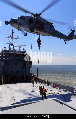 Marines with the 24th Marine Expeditionary Unit's Maritime Raid Force fast-rope from a Navy MH-60 Seahawk, from Amphibious Squadron 8, onto a simulated merchant vessel during a Visit, Board, Search, and Seizure exercise at Joint Base Langley-Eustis, Va., July 17, 2014. The exercise was part of Realistic Urban Training, the 24th MEU's first major pre-deployment training exercise in preparation for their deployment at the end of the year. The MRF is a contingent of Marines from Force Reconnaissance Company, 2nd Reconnaissance Battalion. (U.S. Marine Corps photo by Cpl. Devin Nichols) 24th MEU be Stock Photo