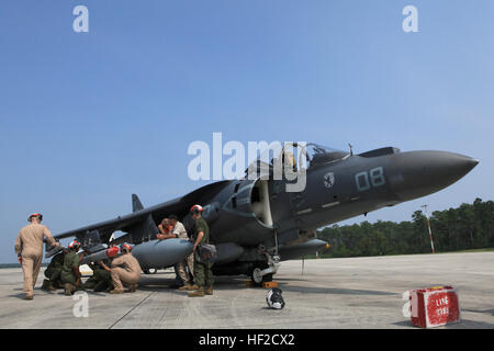 U.S. Marines assigned to Marine Attack Squadron (VMA) 223 load an AIM-120 Advanced Medium Range Air-to-Air Missile (AMRAAM) onto an AV-8B Harrier aircraft aboard Marine Corps Air Station Cherry Point, N.C., Aug. 7, 2014. VMA-223 became the first squadron on the east coast to launch an AMRAAM. (U.S. Marine Corps photo by Cpl. Ashley E. Beckett/Released) VMA-223 launches an AIM-120 140807-M-BU728-135
