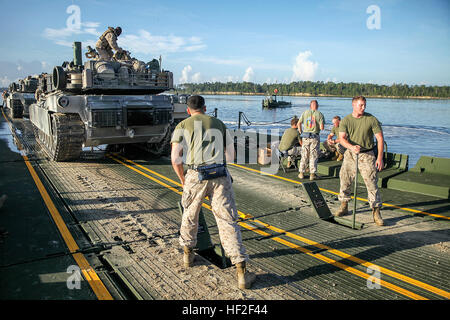 Marines with Bridge Company, 8th Engineer Support Battalion, 2nd Marine Logistics Group, use levers to raise the rear ramp after picking up two M1A1 Abrams tanks from 2nd Tank Battalion, 2nd Marine Division, to cross New River aboard Marine Corps Base Camp Lejeune, N.C., Sept. 4, 2014. During the training exercise, the Marines transported 22 tanks across the river, totaling approximately 1,540 tons. (U.S. Marine Corps photo taken by Lance Cpl. Alex W. Mitchell/released) 8th ESB makes tanks float 140904-M-AM089-240 Stock Photo