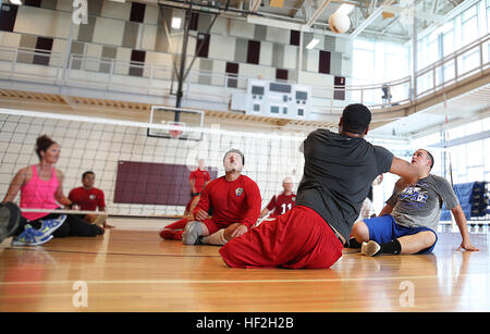 Marines conduct sitting volleyball practice in Colorado Springs on Sept. 26 while preparing for the 2014 Warrior Games. The team trains to build cohesion and adjust to the high-altitude environment. Participants include active-duty and veteran wounded, ill, and injured Marines supported by the Wounded Warrior Regiment. Stock Photo