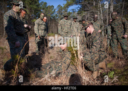 U.S. Marines with the School of Infantry-East receive a class on camouflage before executing an 800m stalk on Camp Lejeune, NC, Jan. 21, 2015. Officers and Staff NCOs underwent training normally taught to snipers that required each Marine to advance 800 meters, set up, and identify a target all while remaining undetected. (U.S. Marine Corps photo by SOI-East Combat Camera, Lance Cpl. Andrew Kuppers/ Released) School of Infantry Officers and Staff NCOs undergo Scout Sniper Training 150121-M-NT768-015 Stock Photo