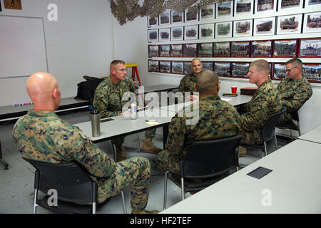 Lieutenant Col. Dane Hanson, the warfighting director for The Basic School, sits down with instructors at the Light Armored Vehicle Training Company, School of Infantry-West, to discuss the quality of new officers aboard Marine Corps Base Camp Pendleton, Calif., Jan. 21. The annual meeting gives TBS officials  the opportunity to judge the effectiveness of their teaching methods and the skills of their graduates to ensure they are producing ready and qualified Marine Corps officers. (Marine Corps photo by Lance Cpl. Caitlin Bevel) The Basic School checks its success 150121-M-MP944-015 Stock Photo