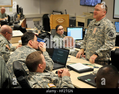 Lt. Col. Jeffery J. Files, acting commander of 66th Troop Command, Mississippi Army National Guard, which is acting as high command during Allied Spirit I, briefs the unit Jan. 22, 2015, at the Joint Multinational Readiness Center in Hohenfels, Germany. The event includes more than 2,000 participants from Canada, Hungary, the Netherlands, the United Kingdom and the United States and exercises interoperability with NATO allies. Mississippi National Guard assist in NATO exercise 150122-Z-MX357-017 Stock Photo