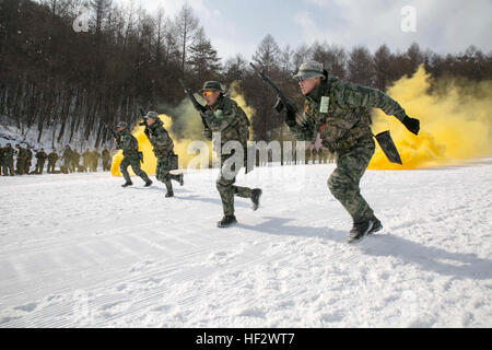 Republic of Korea Marines demonstrate their combat tactics for U.S. Marines during Korean Marine Exchange Program 15-4 Feb. 4 at the Pyeongchang Winter Training Facility, Pyeongchang, Republic of Korea. Sharing cultures is a significant factor in gaining a better understanding of the combat tactics of the two forces despite the language barrier, according to ROK Marine Capt. Moon Jung Hwan. KMEP is a regularly scheduled, bilateral, small-unit training exercise, which enhances the combat readiness and interoperability of ROK and U.S. Marine Corps’ forces. The ROK Marines are with 1st Reconnaiss Stock Photo