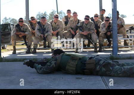 A Critical Skills Operator with 3rd Marine Special Operations Battalion, U.S. Marine Corps Forces Special Operations Command, teaches Marines with 2nd Combat Engineer Battalion, 2nd Marine Division, shooting techniques before firing M4 carbine rifles and M9 service pistols at a range here, Feb. 10, 2015. Marines with 3rd MSOB participated in RAVEN 15-03, a 10-day realistic military training exercise to enhance the battalion’s readiness for worldwide support to global security. Marines with 2nd CEB played the role of a partner nation force during the exercise. (Official U.S. Marine Corps photo  Stock Photo