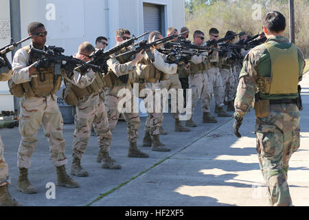 A Critical Skills Operator with 3rd Marine Special Operations Battalion, U.S. Marine Corps Forces Special Operations Command, teaches Marines with 2nd Combat Engineer Battalion, 2nd Marine Division, shooting techniques before firing M4 carbine rifles and M9 service pistols at a range here, Feb. 10, 2015. Marines with 3rd MSOB participated in RAVEN 15-03, a 10-day realistic military training exercise to enhance the battalion’s readiness for worldwide support to global security. Marines with 2nd CEB played the role of a partner nation force during the exercise. (Official U.S. Marine Corps photo  Stock Photo