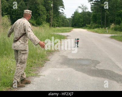 Lance Cpl. Samuel L. Berry, dog handler, Company E, 2nd Battalion, 8th Marine Regiment, 2nd Marine Division, greets his improvised explosive device detection dog, Windy, back after successfully completing training at Camp Lejeune, N.C., May 7. The dogs and handlers socialize with one another in order to build camaraderie. 'Man's Best Friend' Helps Sniff Out improvised explosive devices DVIDS171984 Stock Photo