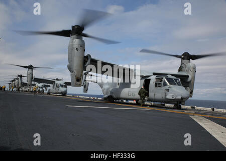U.S. Marine Corps MV-22B Ospreys line up for takeoff on the flight deck of the USS Bonhomme Richard (LHD 6), at sea, March 13, 2015. The Ospreys are transporting U.S. Marines for an airfield seizure training operation. The Ospreys are with Marine Medium Tiltrotor Squadron 262 (Reinforced), 31st Marine Expeditionary Unit (MEU). The Marines of the 31st MEU are currently on their annually-scheduled Spring Patrol of the Asia-Pacific region. (U.S. Marine Corps photo by Lance Cpl. Ryan Mains/released) Eight Ospreys take off from USS Bonhomme Richard 150313-M-WM612-030