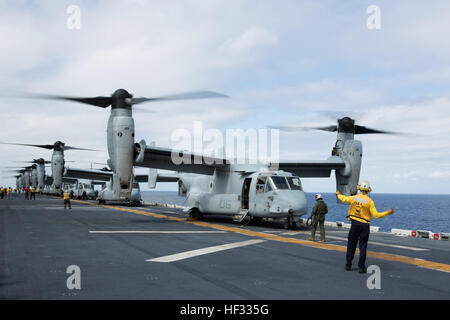 Eight U.S. Marine Corps MV-22B Ospreys prepare for liftoff during flight operations on the USS Bonhomme Richard (LHD 6), at sea, March 13, 2015. The Ospreys are with Marine Medium Tiltrotor Squadron (VMM) 262 (Reinforced), 31st Marine Expeditionary Unit (MEU). VMM-262 (REIN) is the aviation combat element for the 31st MEU. The 31st MEU is participating in amphibious integration training with the Bonhomme Richard Amphibious Ready Group during their Spring Patrol of the Asia-Pacific region. (U.S. Marine Corps photo by Staff Sgt. Joseph DiGirolamo/Released) Ospreys Transport Marines to Airfield S