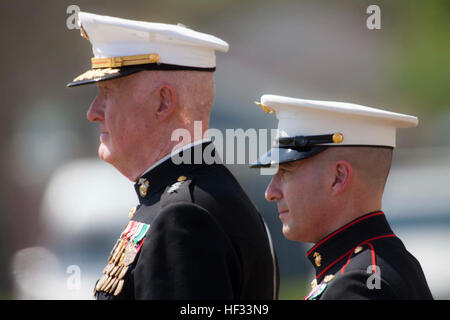 U.S. Marine Corps Lt. Gen. Richard P. Mills, Commander of Marine Forces Reserve (MARFORRES) and Marine Forces North, and Sergeant Major Anthony Spadaro, Sergeant Major of MARFORRES and Marine Forces North participate in The Battle Color Ceremony on the parade field, at Marine Corps Support Facility New Orleans, La., March 17, 2015. The Official Battle Color Ceremony features 'The Commandant's Own.' The United States Marine Corps Drum & Bugle Corps, the United States Marine Corps Silent Drill Platoon, and the Official Color Guard of the Marine Corps are touring across the United States to demon Stock Photo