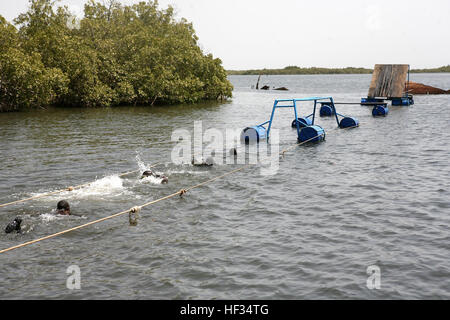 Marines maneuver through a water obstacle course in the Sadoum River alongside Senegalese Commandos and Nigerian Navy Special Boat Service operators, recently. This exercise was one of many that the Marines of second platoon, Ground Combat Element, Security Cooperation Task Force, Africa Partnership Station 2011 have engaged in during the APS-11 partnered military-to-military exchange. (U.S. Marine Corps photo by Lance Cpl. Timothy L. Solano) APS-11 Marines, Senegalese commandos maneuver through river obstacles 110424-M-DF801-049 Stock Photo