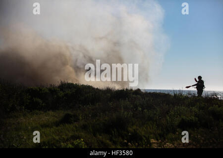 U.S. Navy Gunner’s Mate 3rd Class Dakota Griffin directs a landing craft, air cushion engulfed in a cloud of sand onto a beach landing site aboard Camp Pendleton, Calif., during Composite Training Unit Exercise (COMPTUEX) March 27, 2015. Griffin assisted directing LCACs and offloading Marines and Sailors of the 15th Marine Expeditionary Unit. (U.S. Marine Corps photo by Cpl. Elize McKelvey/Released) LCACs storm Camp Pendleton beach 150327-M-JT438-108 Stock Photo