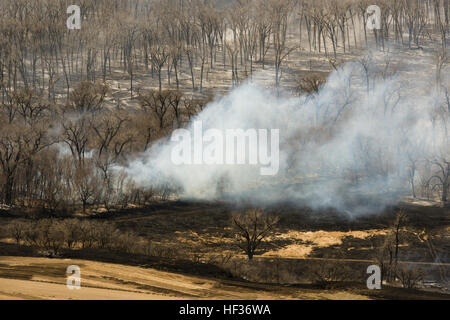 The day after a large fire threatened homes and property in Burleigh County, smoldering wood and high winds were still a concern for firefighters and homeowners. The fire began just south of Bismarck and the North Dakota National Guard helicopters dropped hundreds of loads of water from the air while local fire departments worked many hours on the ground getting the fire under control. (National Guard photo by Chief Warrant Officer 4 Kiel Skager, N.D. National Guard Joint Force Headquarters/Released) South Burleigh County Wildfire response 041415-Z-BU745-441 Stock Photo