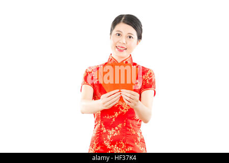 beautiful young happy asian woman giving red envelope bags for lucky money isolated on white background. mixed race asian chinese model. Stock Photo
