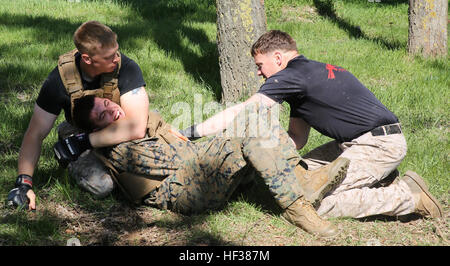 Corporal Andrew Williams, a Marine attending a martial arts instructor course with Black Sea Rotational Force, fights to get his sandbag past two martial arts instructor trainers April 24, 2015, at Mihail Kogalniceanu Air Base, Romania. During the final event, the Marines completed a 5-hour long series of exercises. Marines earn MCMAP instructor tab 150424-M-EG384-702 Stock Photo