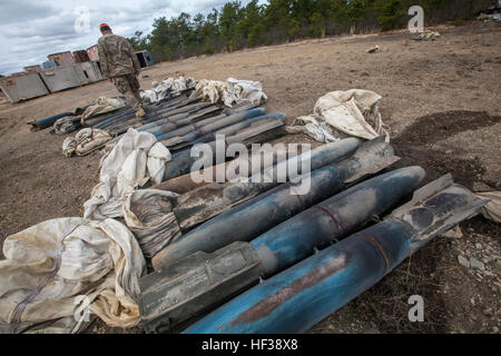 Staff Sgt. Joe Coates, 177th Fighter Wing Explosive Ordnance Disposal (EOD), New Jersey Air National Guard, checks to make sure all the inert BDU-50, 500-pound practice bombs were rendered safe – a controlled detonation operation – during a joint operation with EOD Airmen from the 177th and the 514th Air Mobility Wing, Air Force Reserve, Joint Base McGuire-Dix-Lakehurst, N.J., at Detachment 1, Warren Grove Gunnery Range, N.J., May 1, 2015. Beginning on April 28, 2015, the EOD Airmen retrieved all the ordnance that was dropped at the Range during the past year, and on May 1, 2015, rendered safe Stock Photo