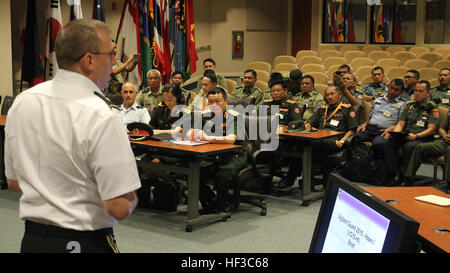 Hawaii National Guard Brig. Gen. Arthur “Joe” J. Logan, the adjutant general, addresses foreign delegates from seven Pacific Rim countries at the Daniel K. Inouye Asia-Pacific Center for Security Studies. The delegates will observe and sometimes participate in a hurricane preparedness exercise sponsored by the National Guard Bureau, U.S. Northern Command and the Hawaii Emergency Management Agency called Vigilant Guard/Makani Pahili 2015. Hawaii National Guard hosts the Vigilant Guard-Makani Pahili 2015 exercise 150603-Z-UW413-008 Stock Photo