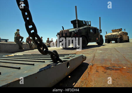 Vehicles assigned to Combined Anti-Armor Team 2, Battalion Landing Team 3rd Battalion, 6th Marine Regiment, 24th Marine Expeditionary Unit, stage for embark onto a Navy landing craft utility (LCU) after being washed at the port of Aqaba in Jordan, June 18, 2015. The MEU conducted the wash down in preparation for customs inspections before returning to the U.S. The 24th MEU is embarked on the ships of the Iwo Jima Amphibious Ready Group and deployed to maintain regional security in the U.S. 5th Fleet area of operations. (U.S. Marine Corps photo by Lance Cpl. Austin A. Lewis) 24 MEU wraps-up was Stock Photo